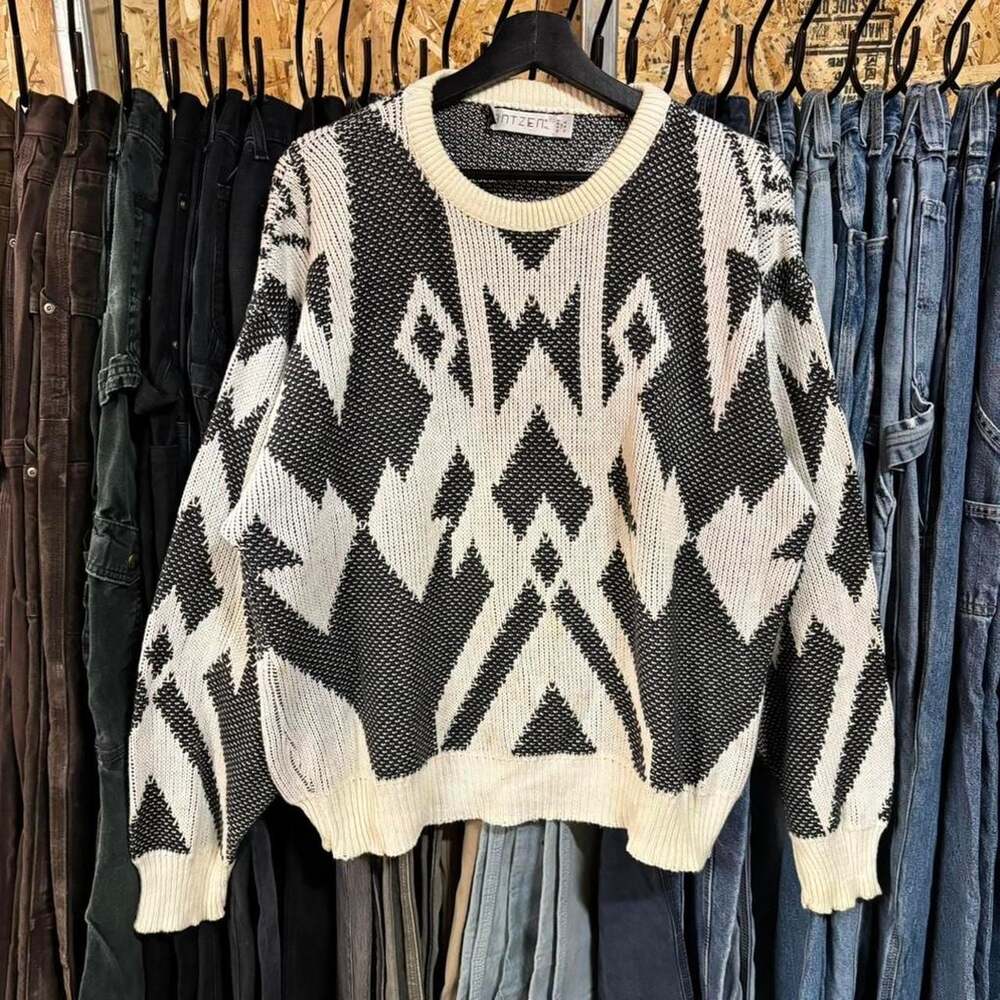 Vintage 90s Jantzen Aztec Knit Sweater Black White Geometric Pullover XL USA